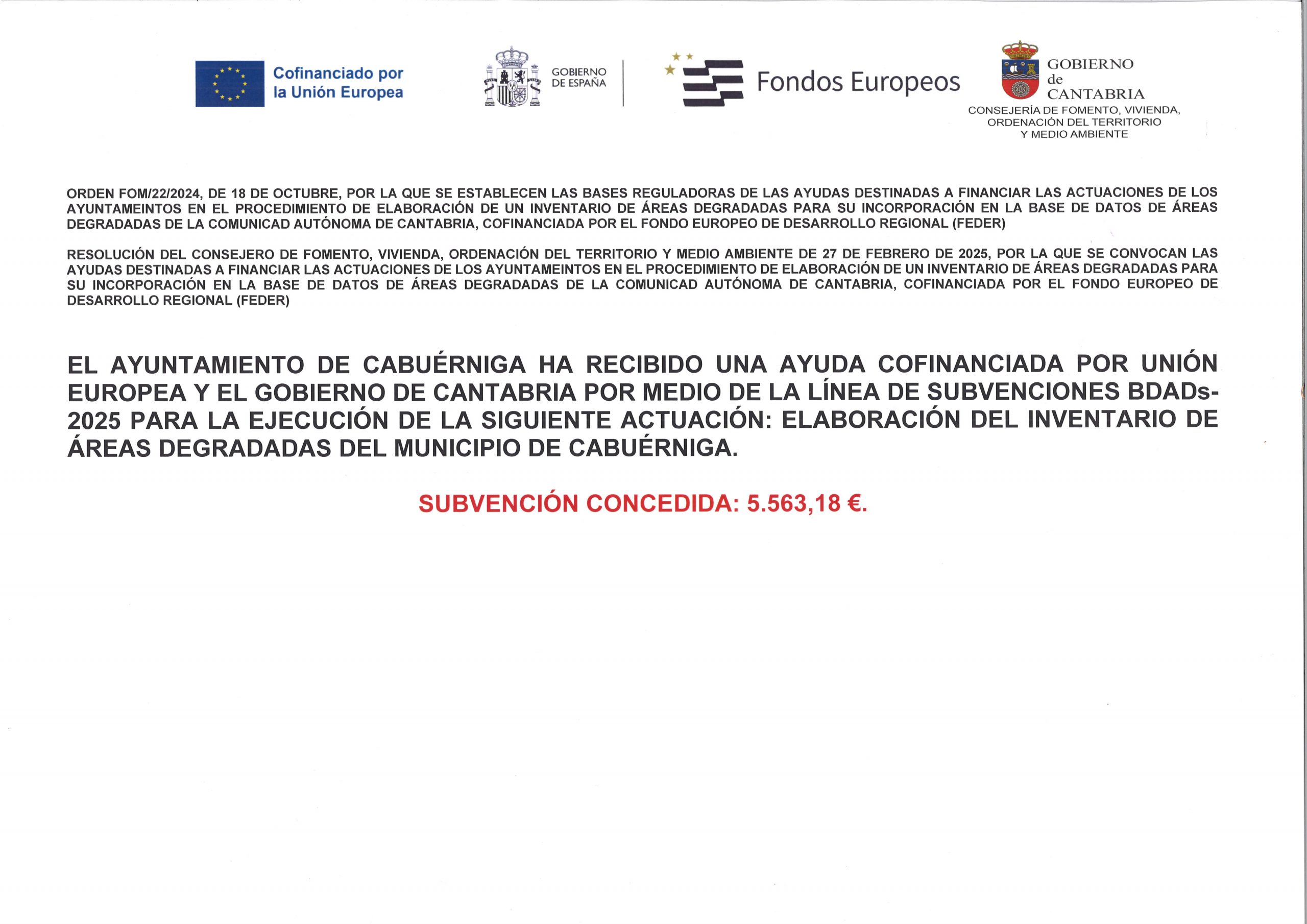 SUBVENCIÓN PARA ELABORACIÓN DEL INVENTARIO DE ÁREAS DEGRADADAS