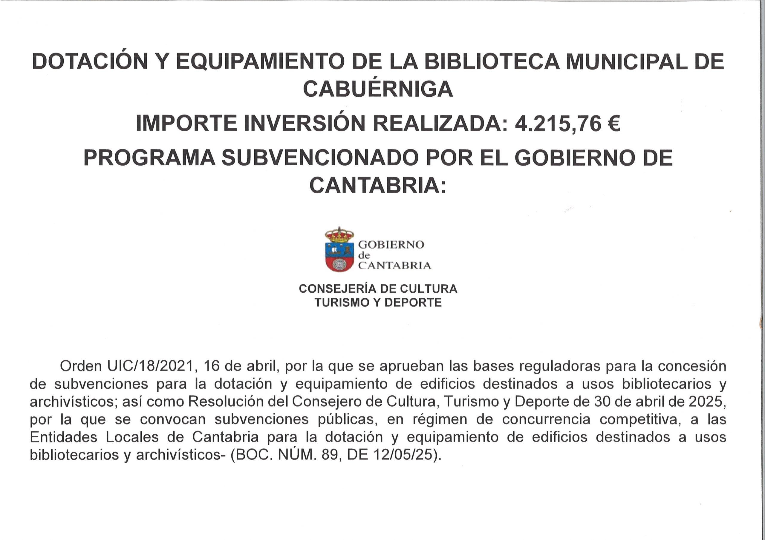 DOTACIÓN Y EQUIPAMIENTO DE LA BIBLIOTECA MUNICIPAL DE CABUÉRNIGA