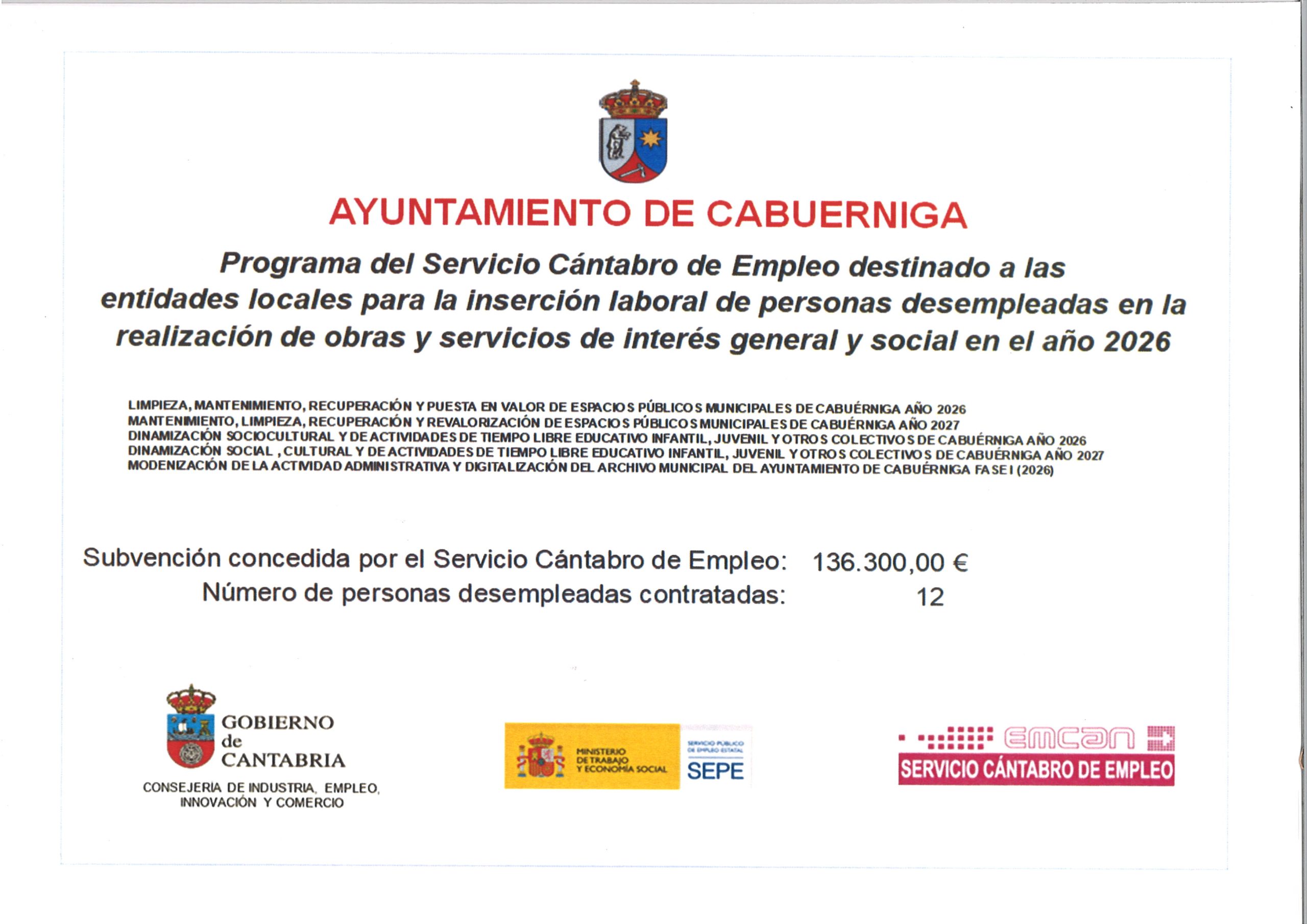 PROGRAMA DEL SERVICIO CÁNTABRO DE EMPLEO PARA LA INSERCIÓN LABORAL DE PERSONAS DESEMPLEADAS